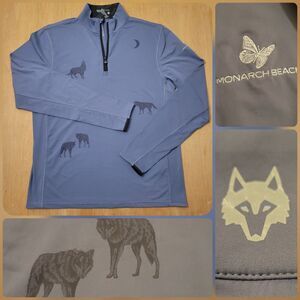 GREYSON 1/2 Zip Performance Golf Pullover Sweater Blue Medium Wolf Pattern Flaw